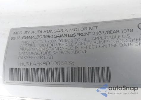 2013 Audi Tt 2.0T Premium Plus z USA, uszkodzony, nr VIN TRUKFAFK9D1006438